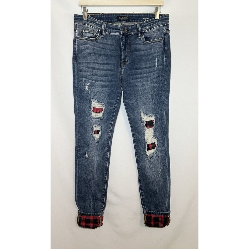 JUDY BLUE Skinny Buffalo Plaid Patches Distressed Denim Jeans Women's 11/30